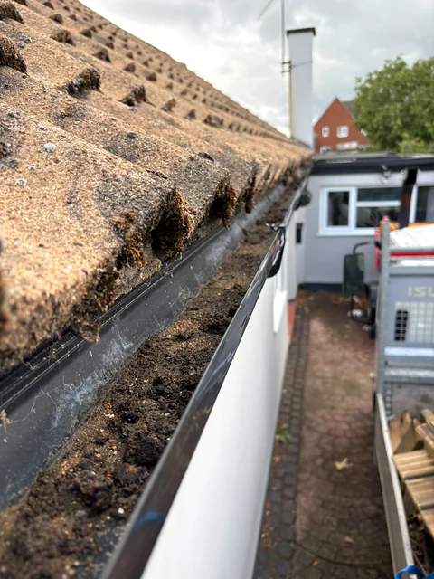 Moss and debris sitting inside a black gutter below aged roof tiles
